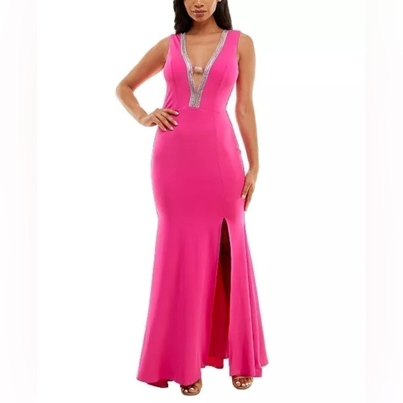 BEBE Embellished Plunge Sleeveless Gown Neck, evening dress fuchsia size 8 - Picture 1 of 13